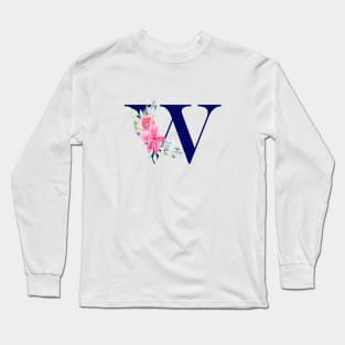 Watercolor Floral Letter W in Navy Long Sleeve T-Shirt